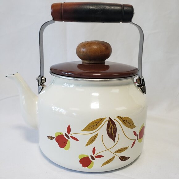 Hall Enamelware Autumn Leaf Teapot Jewel Tea Pot Enamel Metal Kettle Round Wood - Picture 16 of 16